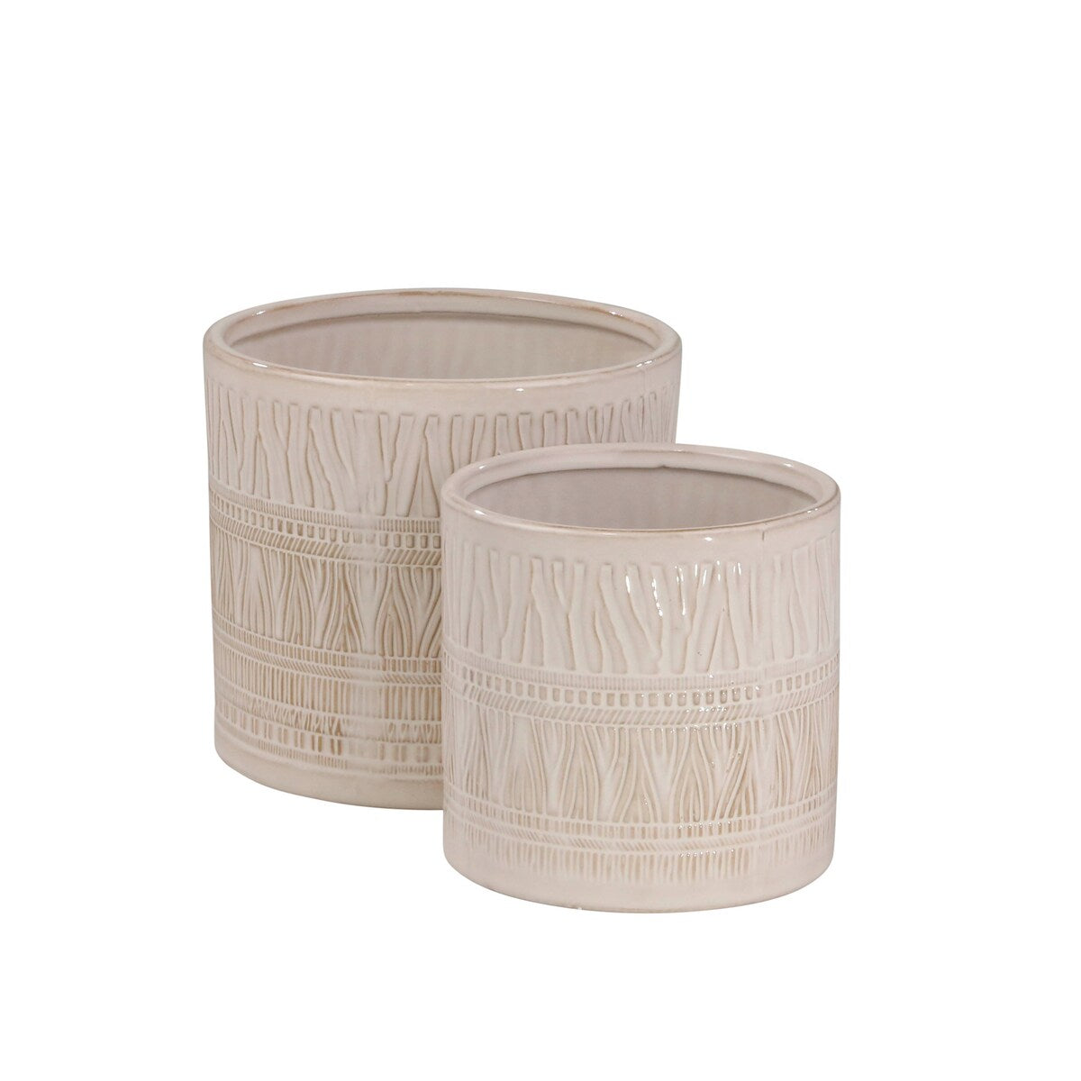 Handmade Off-white and Tan Imprinted Ceramic Planters (Set of 2)