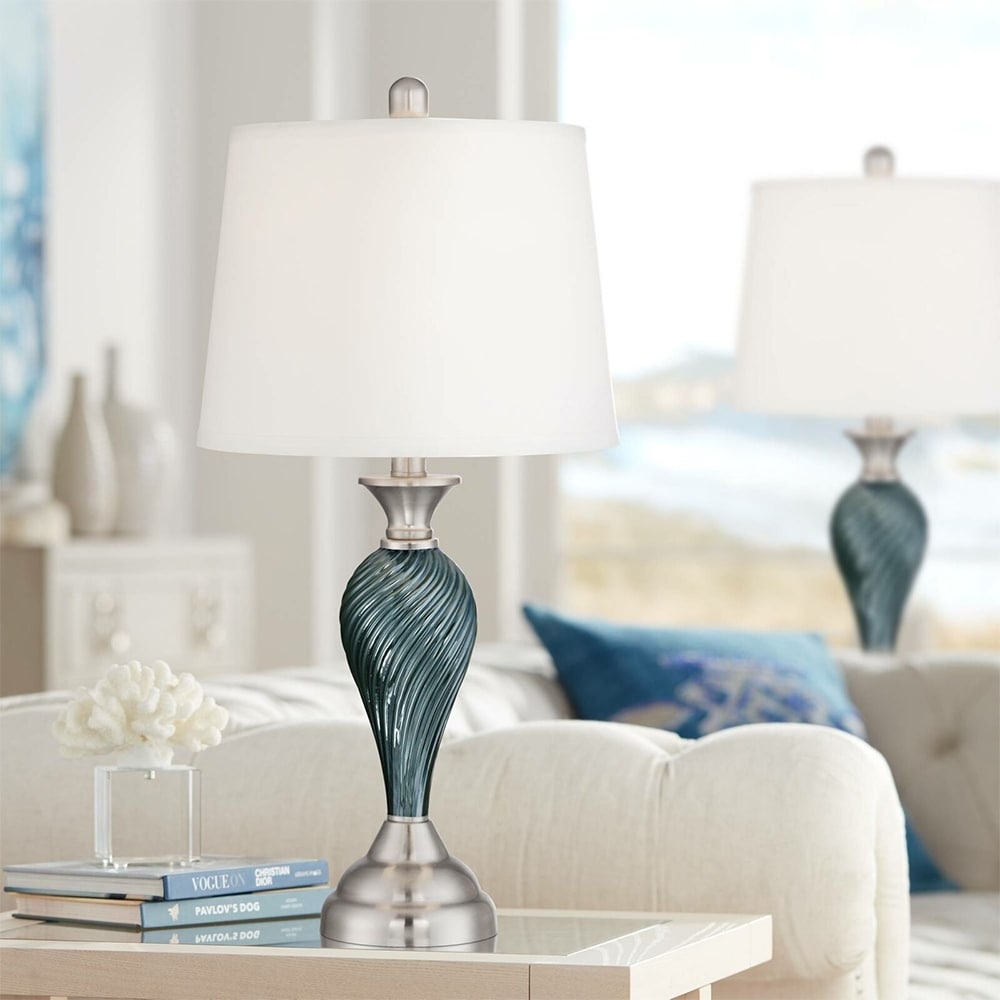 Set of 2 Coastal Table Lamps Green Blue Glass Twist Column - 12" x 25"