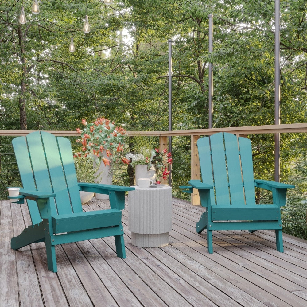 Set of 2 Commercial All-Weather Adirondack Chairs with Cupholders
