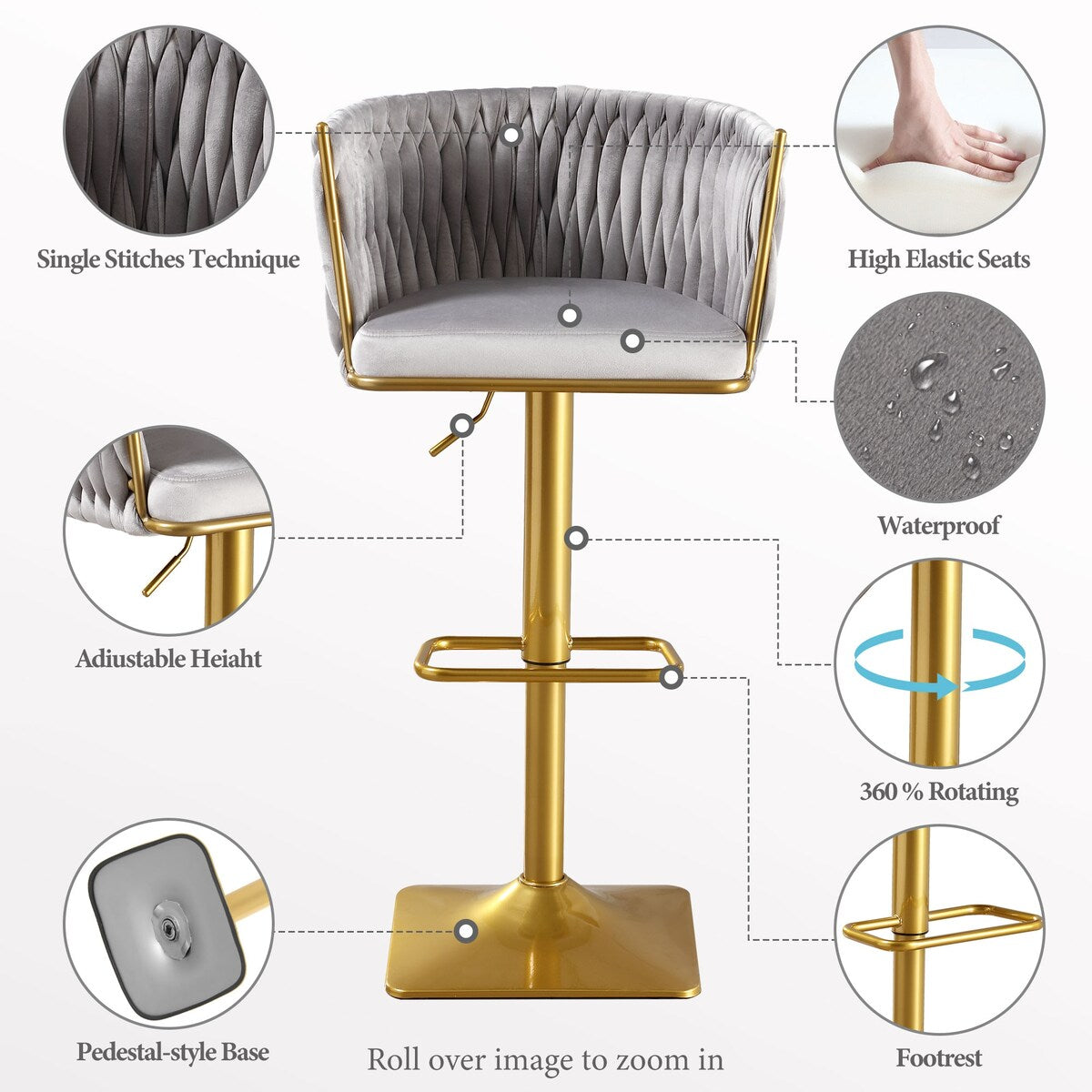 Set of 2 Gold Velvet Bar Stools