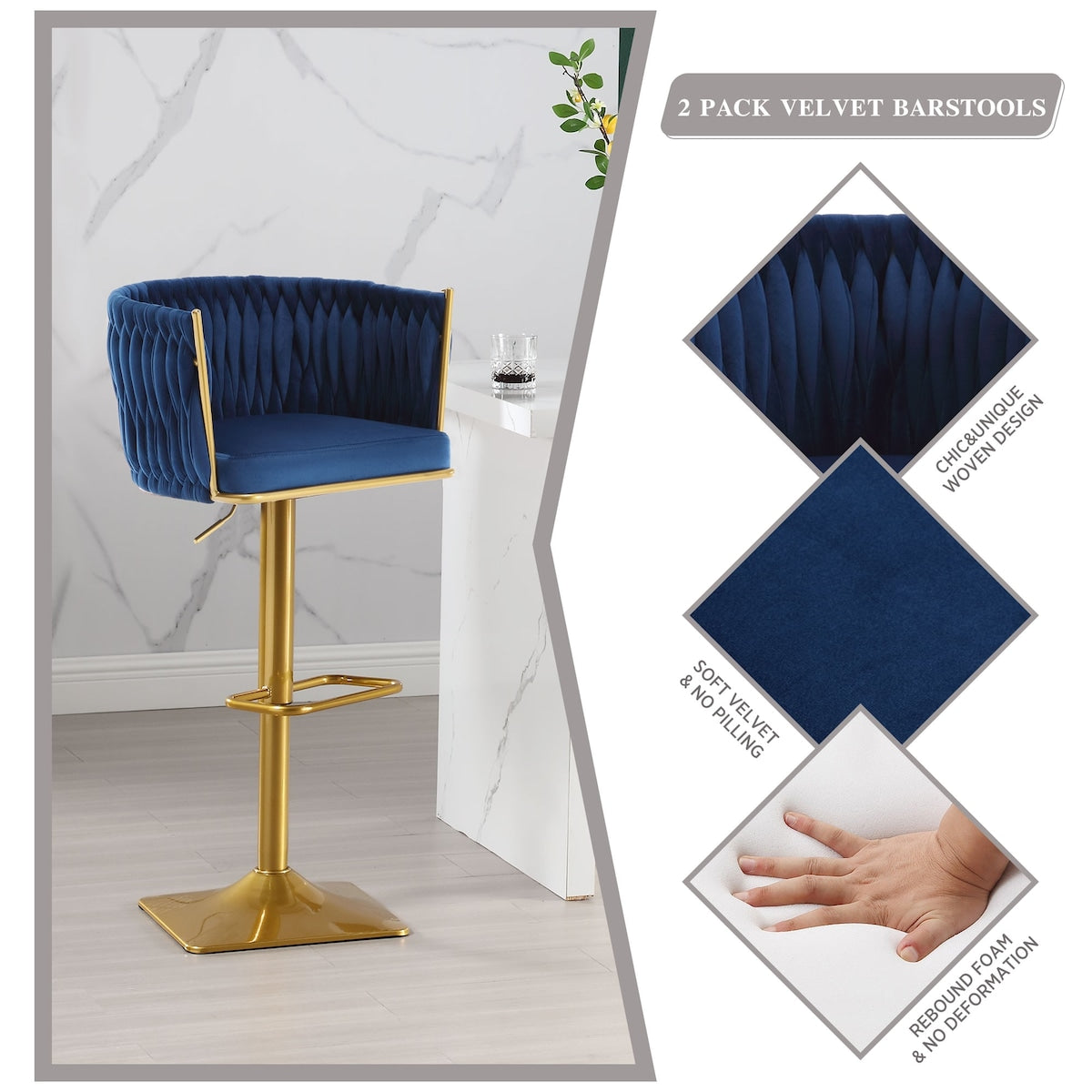 Set of 2 Gold Velvet Bar Stools