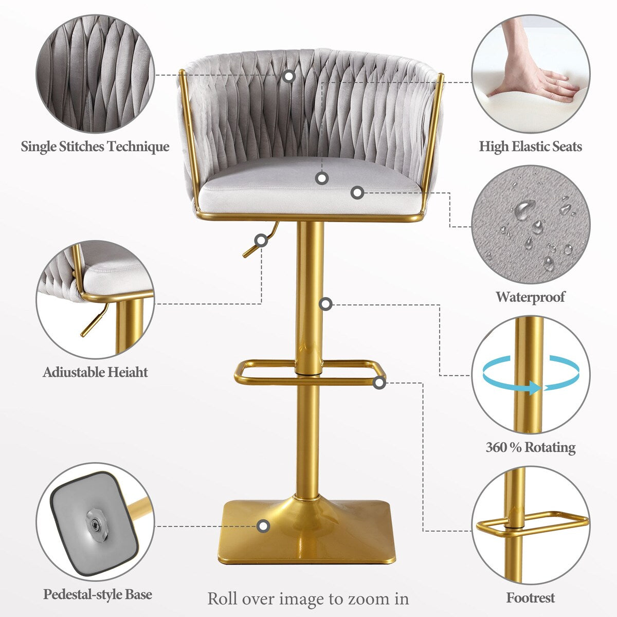 Set of 2 Gold Velvet Bar Stools