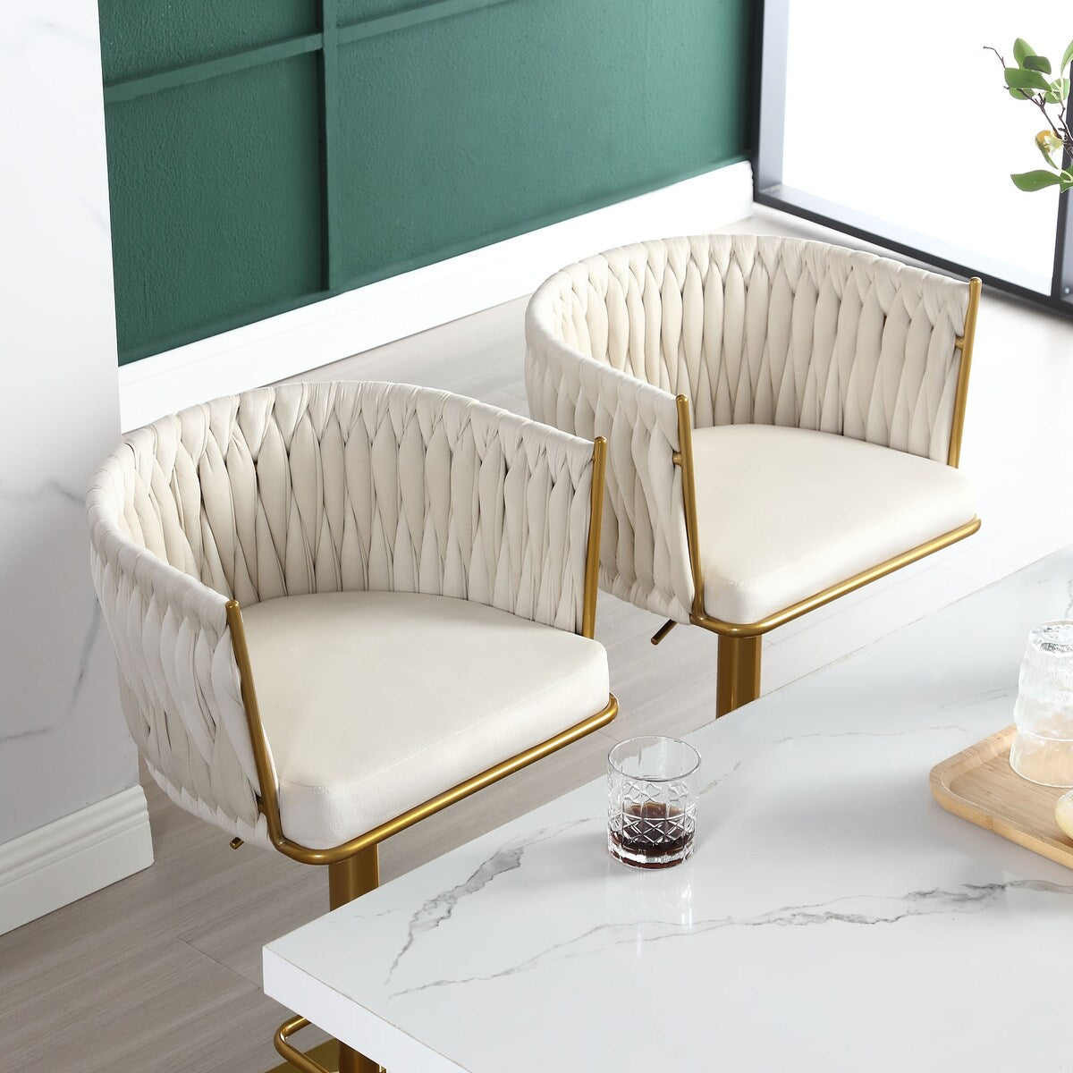 Set of 2 Gold Velvet Bar Stools