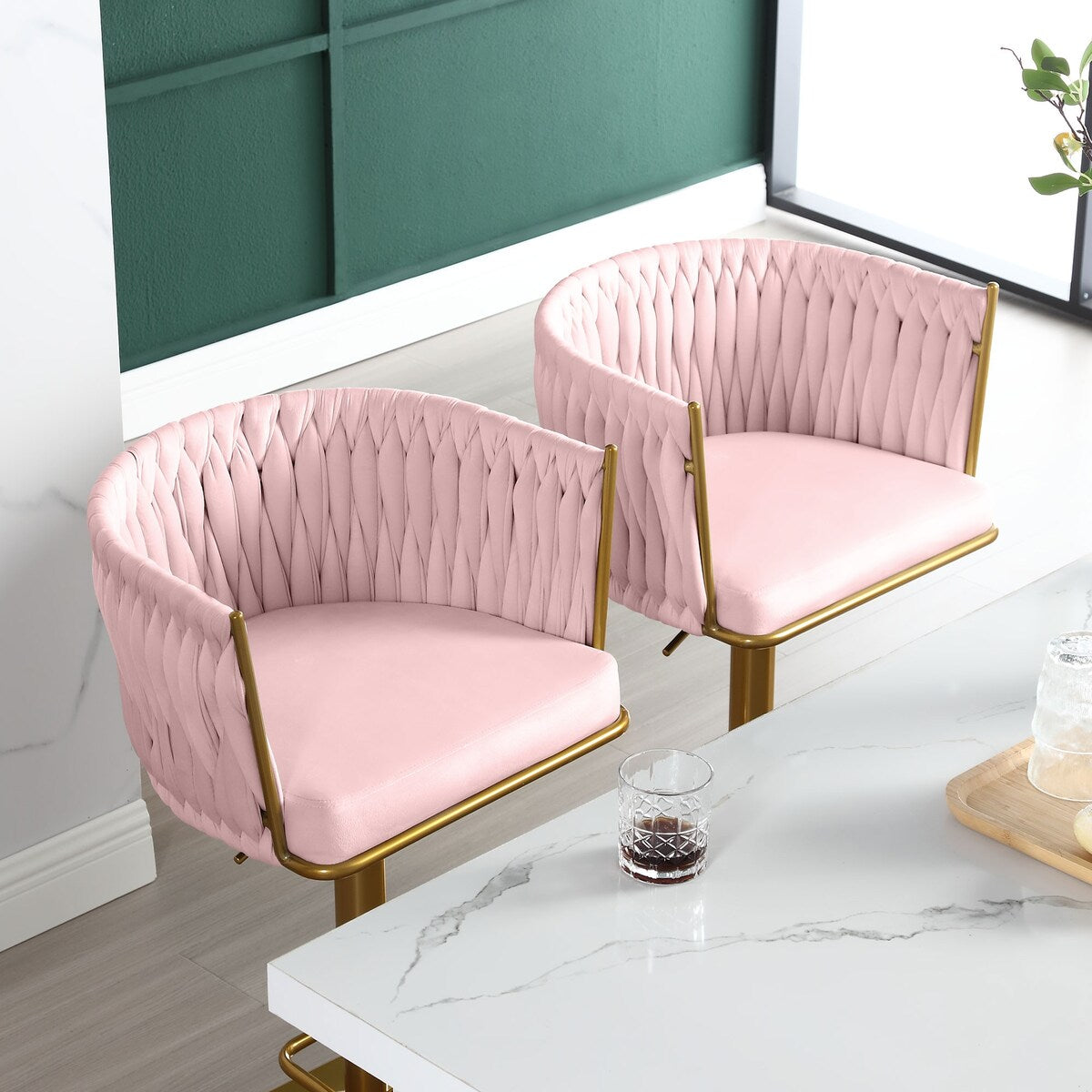 Set of 2 Gold Velvet Bar Stools