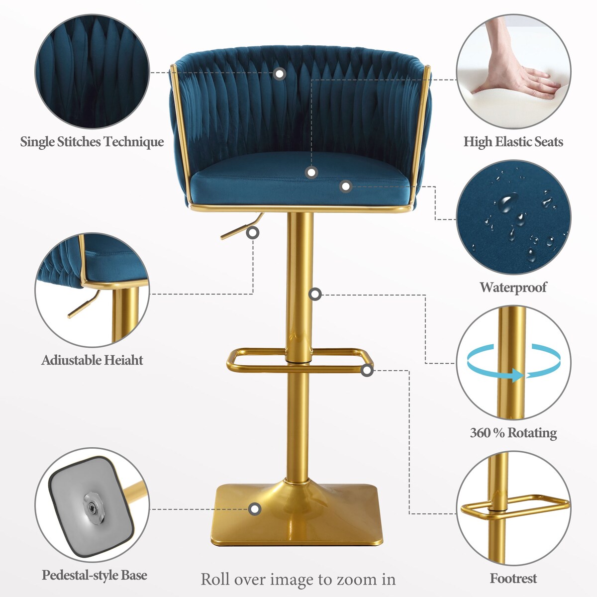 Set of 2 Gold Velvet Bar Stools