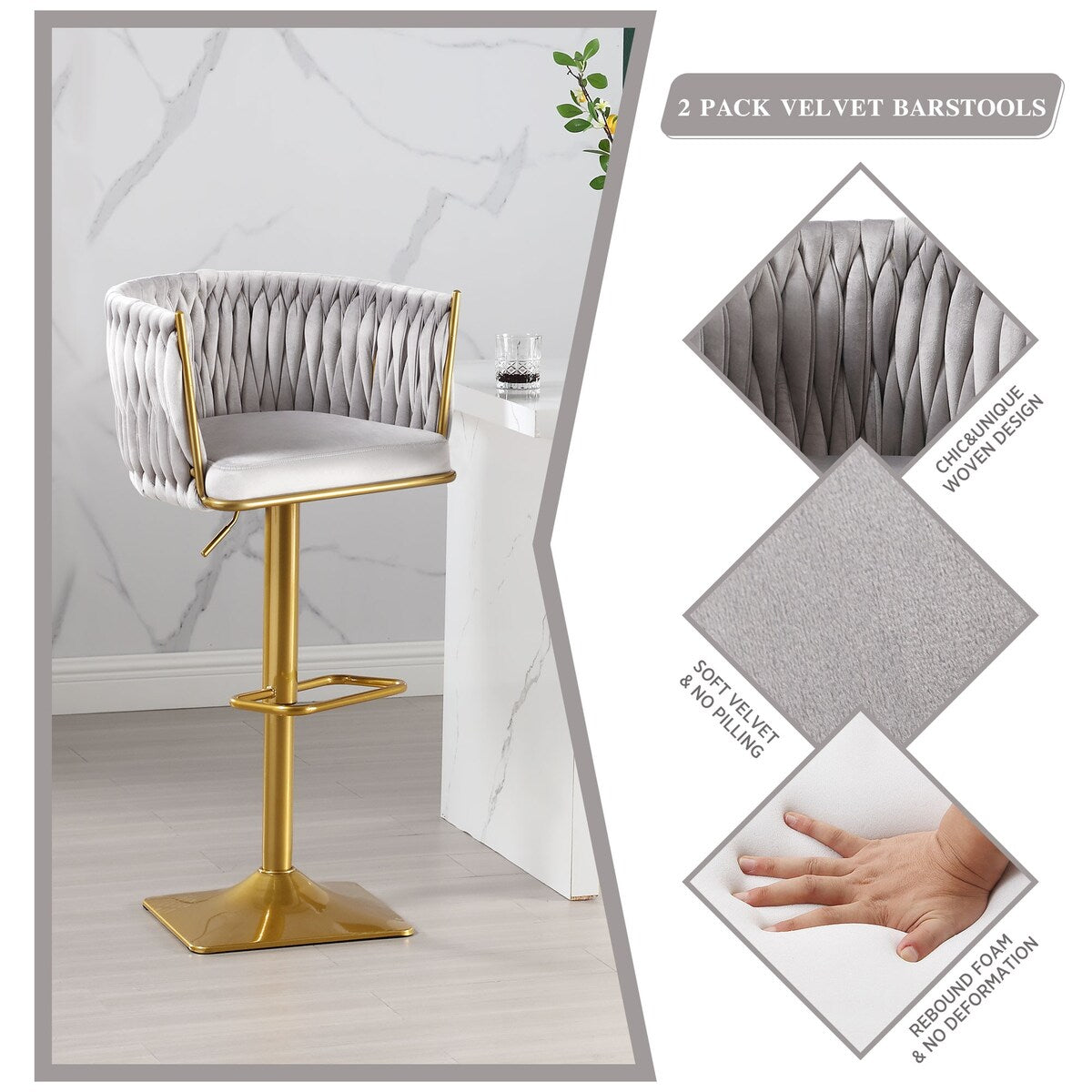 Set of 2 Gold Velvet Bar Stools