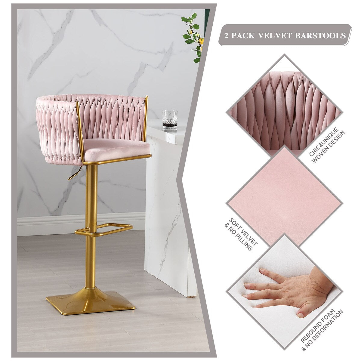 Set of 2 Gold Velvet Bar Stools