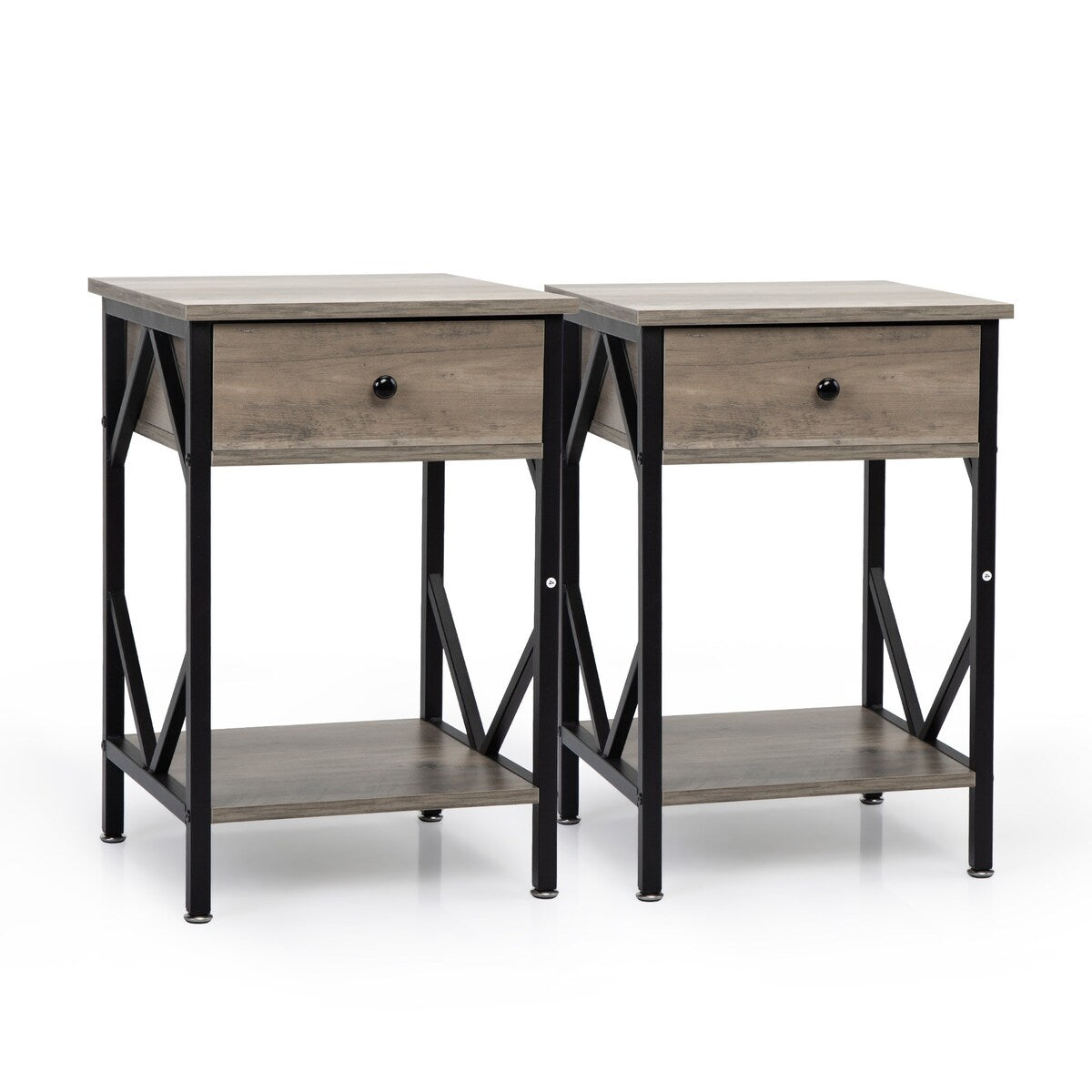 Set of 2 Industrial Nightstand End Table Storage Shelf with Drawer