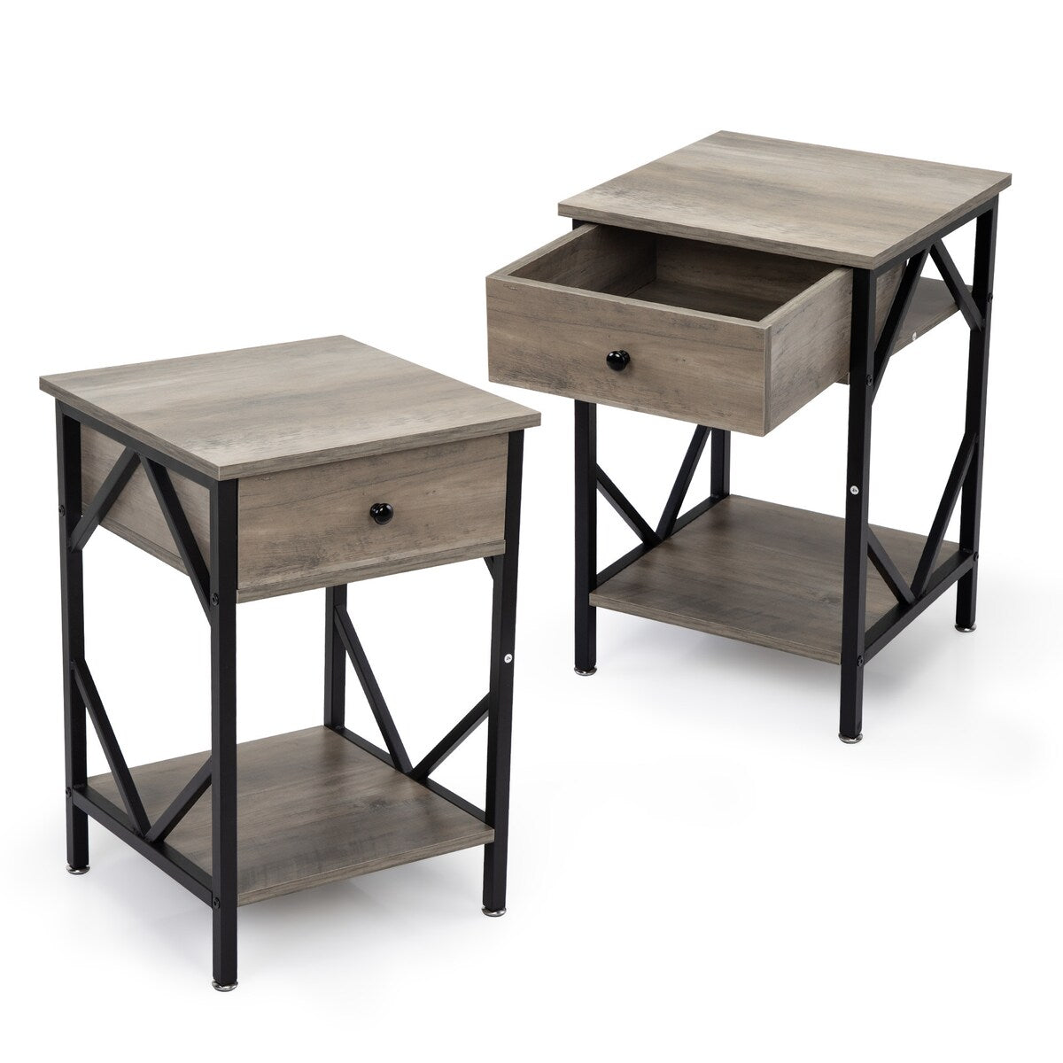 Set of 2 Industrial Nightstand End Table Storage Shelf with Drawer