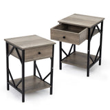 Set of 2 Industrial Nightstand End Table Storage Shelf with Drawer