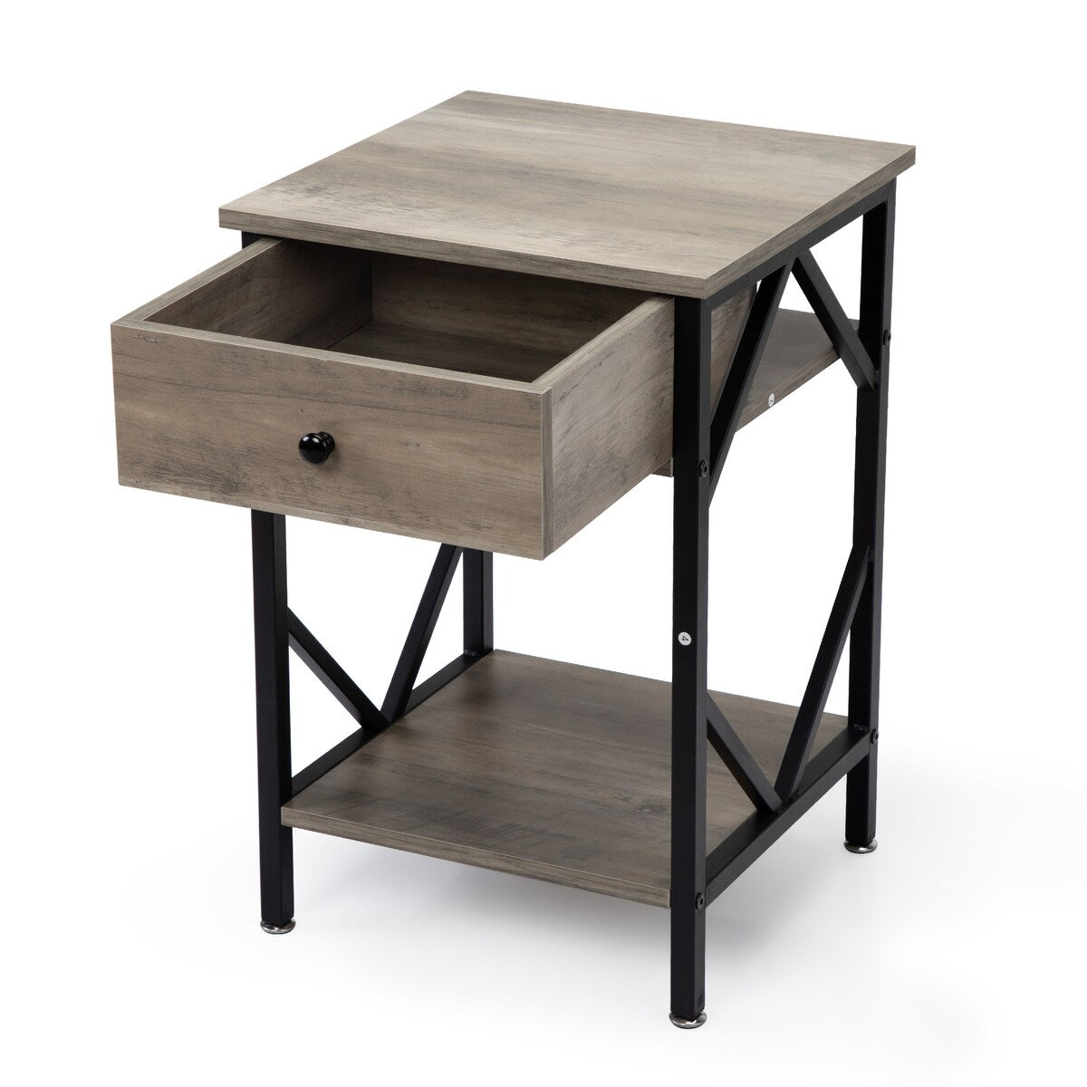 Set of 2 Industrial Nightstand End Table Storage Shelf with Drawer