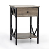 Set of 2 Industrial Nightstand End Table Storage Shelf with Drawer