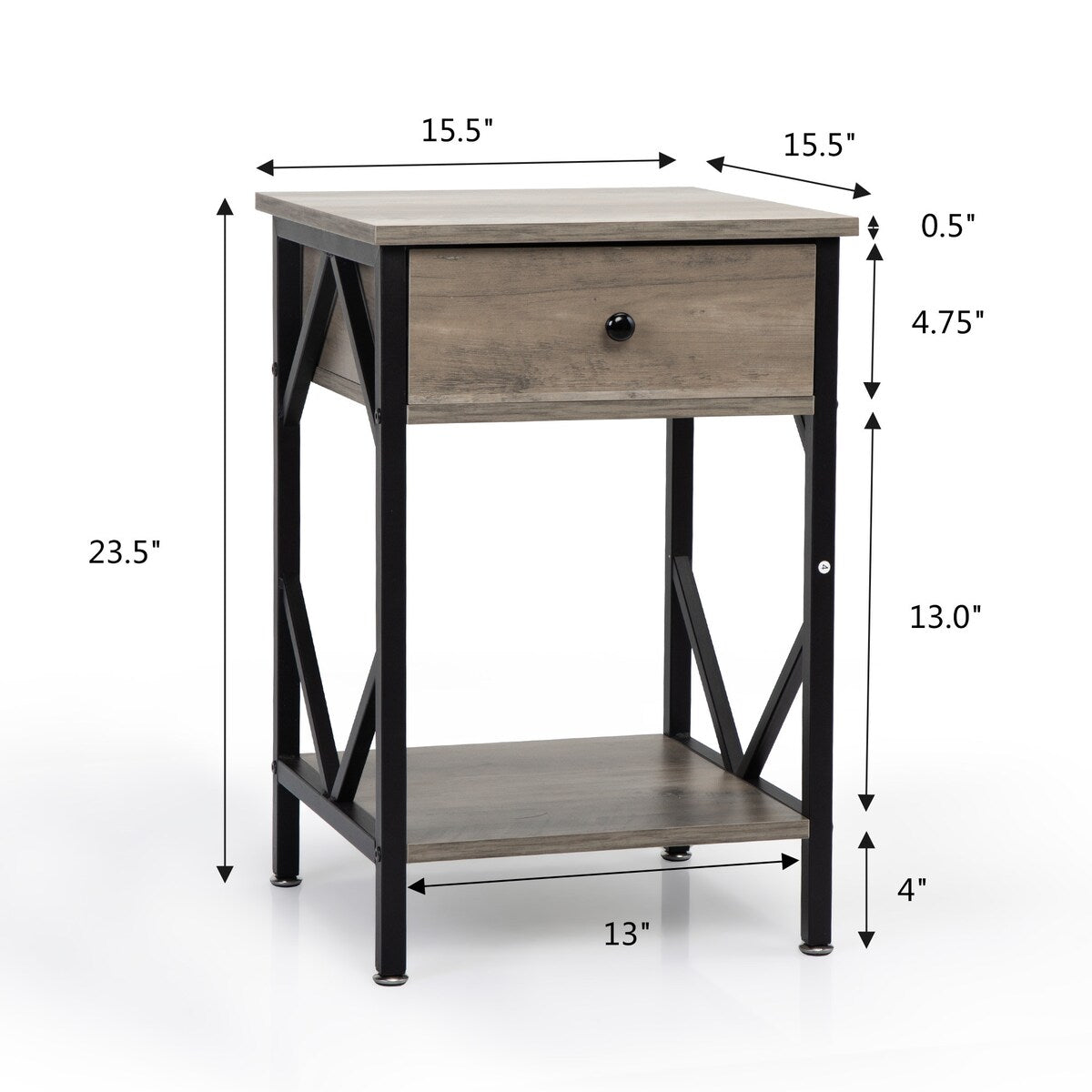 Set of 2 Industrial Nightstand End Table Storage Shelf with Drawer