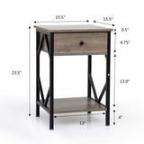 Set of 2 Industrial Nightstand End Table Storage Shelf with Drawer