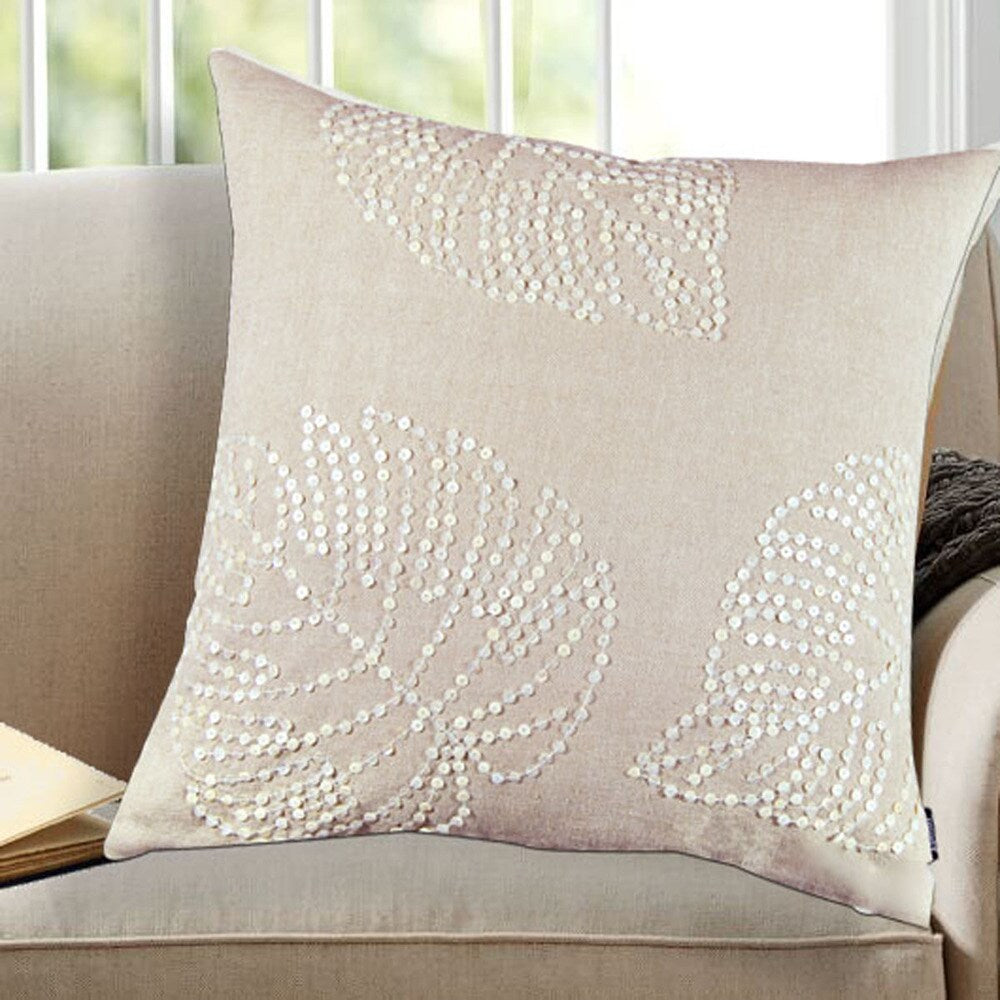 Off-white Cotton 18-inch x 18-inch Leaf Sequin Decorative Throw Pillow (Set of 2)