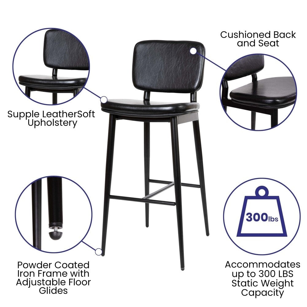Set of 2 LeatherSoft Barstools with Iron Frame-Integrated Footrest