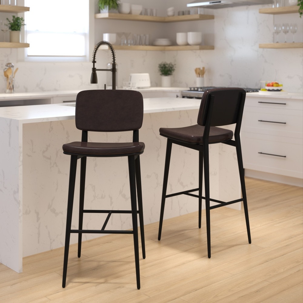 Set of 2 LeatherSoft Barstools with Iron Frame-Integrated Footrest