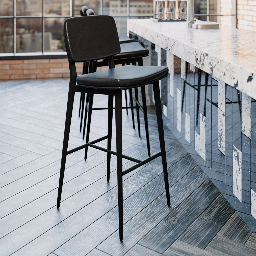 Set of 2 LeatherSoft Barstools with Iron Frame-Integrated Footrest