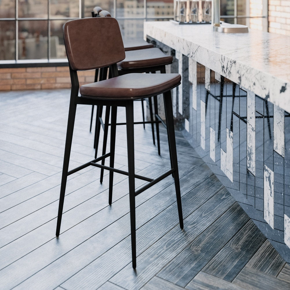 Set of 2 LeatherSoft Barstools with Iron Frame-Integrated Footrest