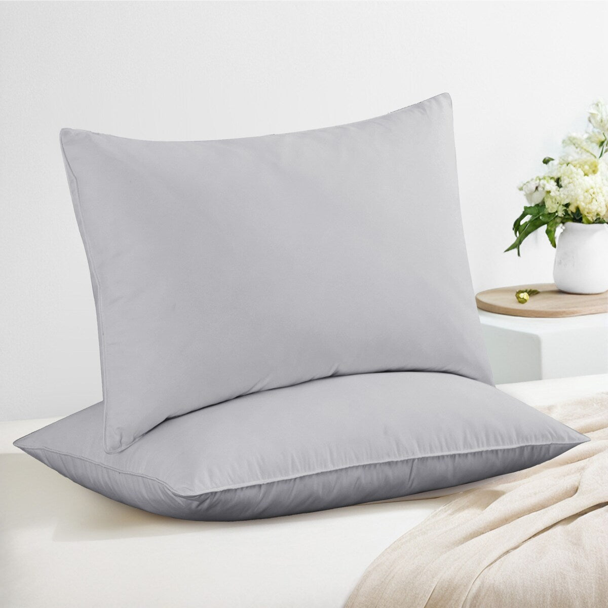 Set of 2 Medium Goose Feather Down Bed Pillow with Cotton Cover