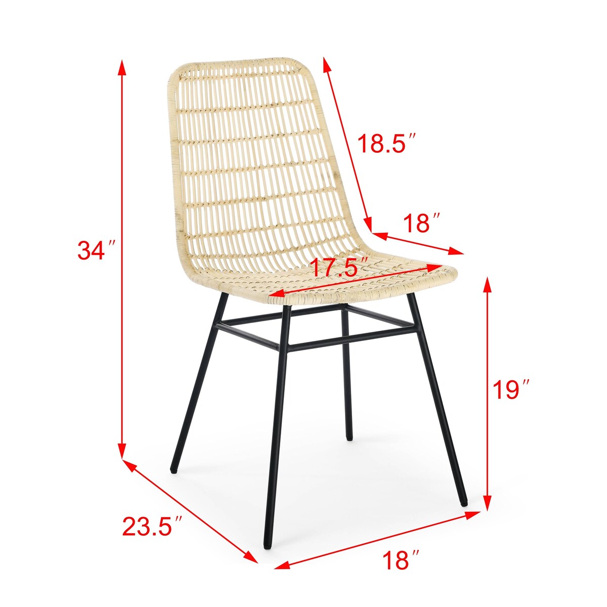 Set of 2 Natural Rattan Indoor Bar Chair , Black Finish Steel legs, 18"x23.5"x34", Natural