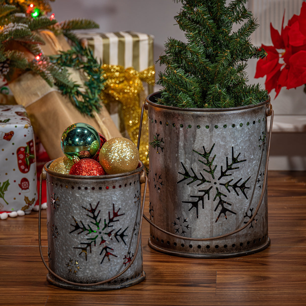 Set of 2 Nesting Metal Galvanized Snowflake Luminaries - Silver