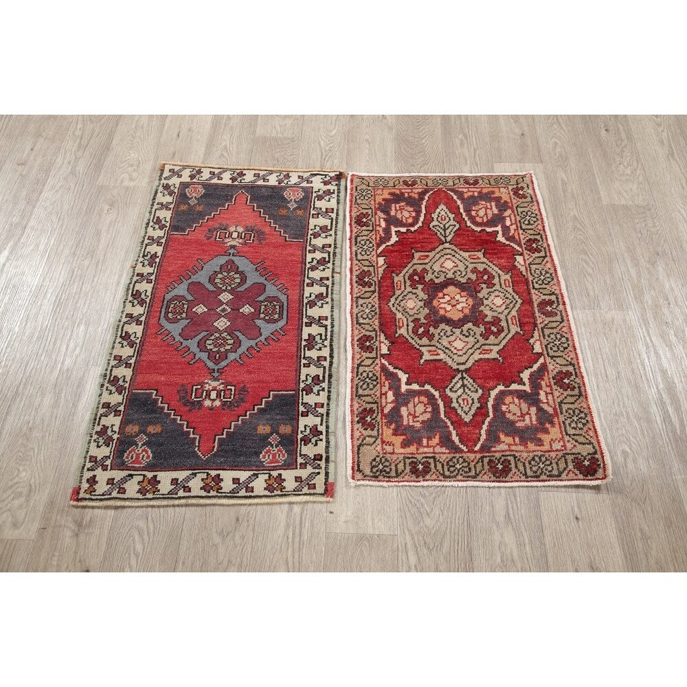 Set of 2 Oushak Oriental Hand Knotted Wool Vintage Turkish Area Rug - 3'3" x 1'9"