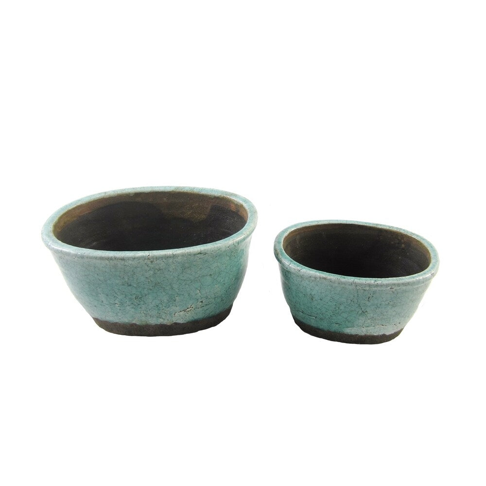 FireFly Aqua Blue and Brown Ceramic 6-inch and 4-inch Oval Pots (Set of 2)
