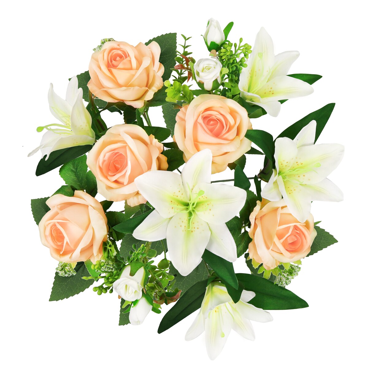 Set of 2 Peach Cream Artificial Mixed Rose Stargazer Lily Flower Stem Bush Bouquet 18in - 18" L x 11" W x 11" DP