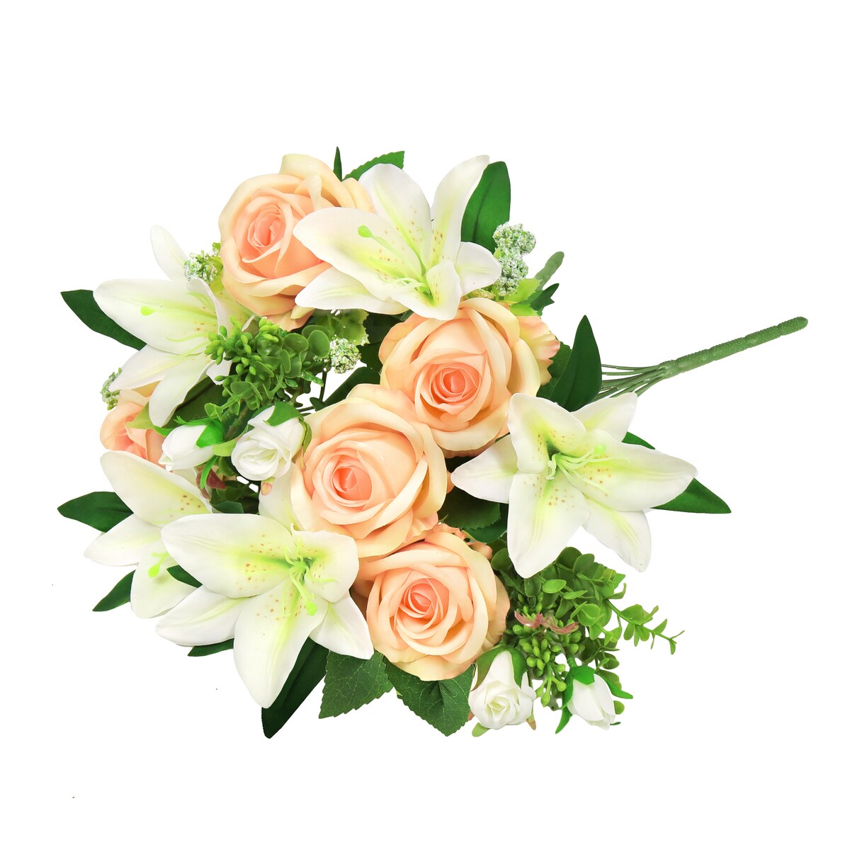 Set of 2 Peach Cream Artificial Mixed Rose Stargazer Lily Flower Stem Bush Bouquet 18in - 18" L x 11" W x 11" DP