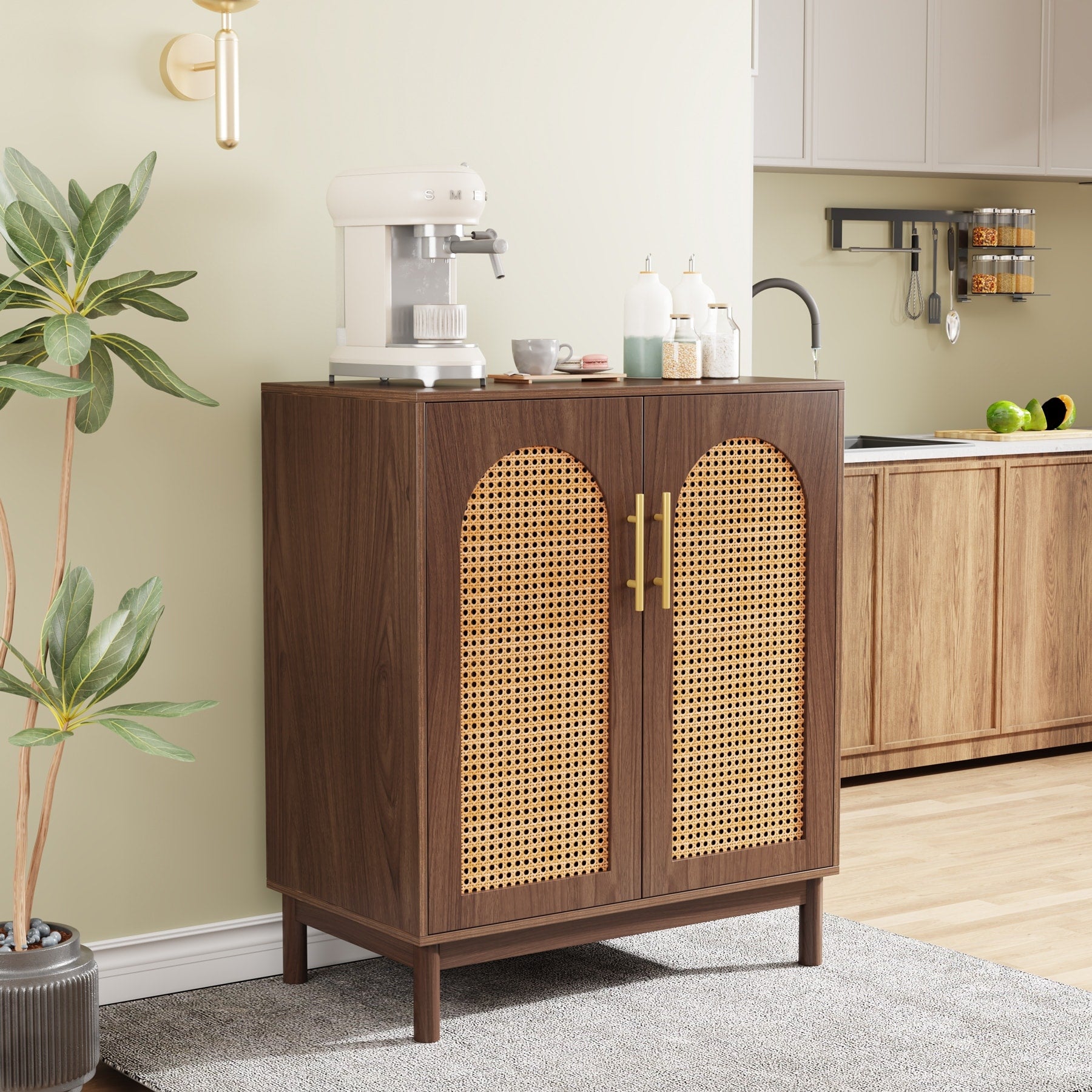 Set of 2 Rattan Sideboard 59 Inch Buffet Cabinet with Doors Accent Cabinet
