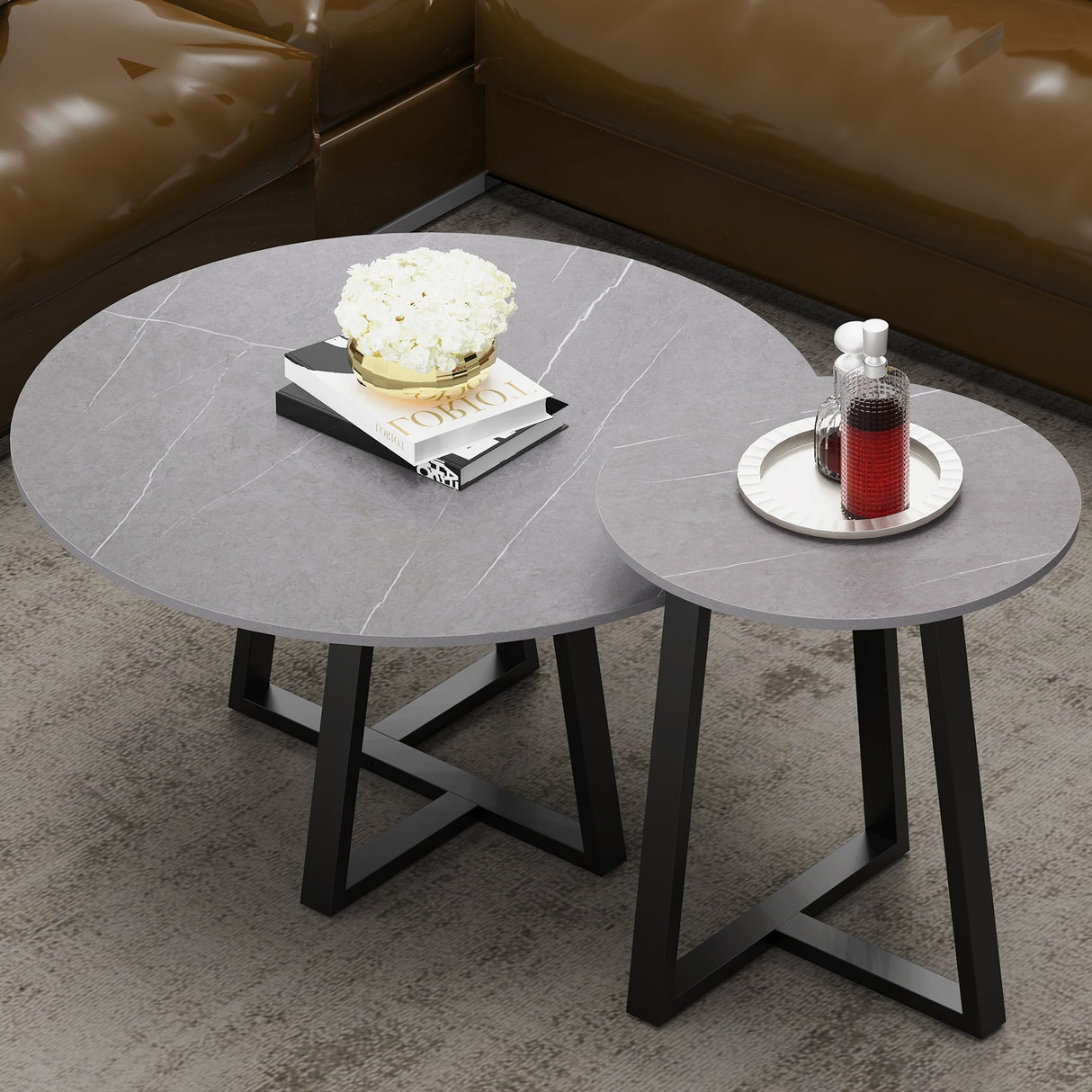 Set of 2 Round Nesting Tables Sintered Stone Marble Coffee Table - 31.5x15.7 inch