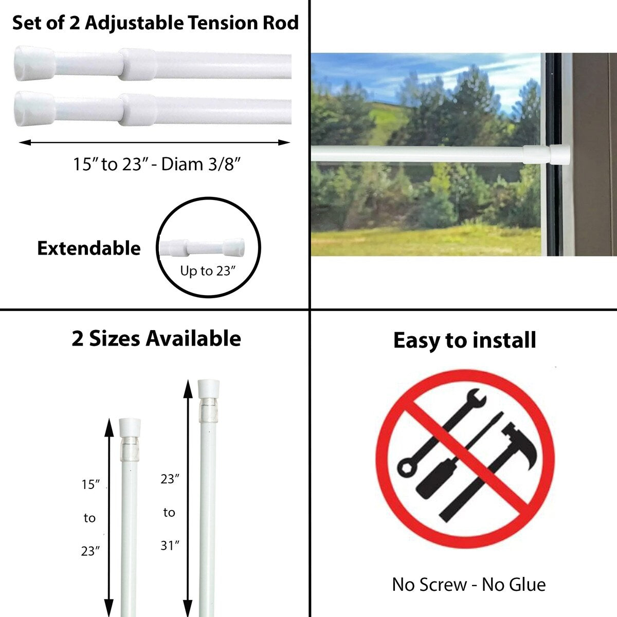 Set of 2 Small Adjustable Tension Rods 15" to 31" White- Diam 3/8