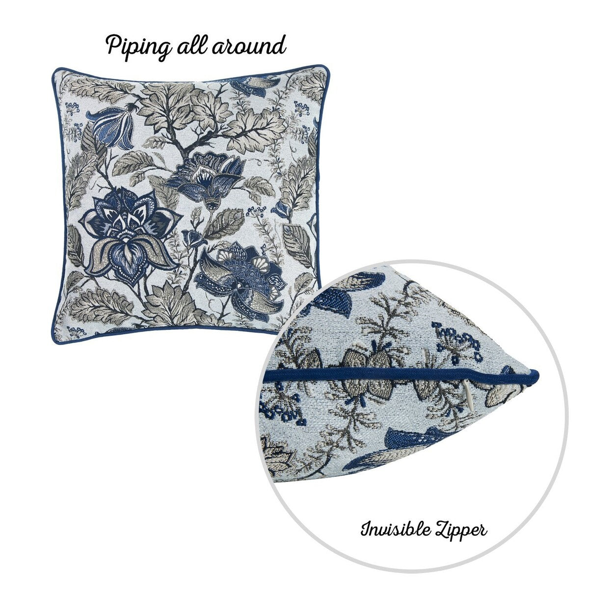 Set of 2 Square Blue and Beige Floral Throw Pillow Covers