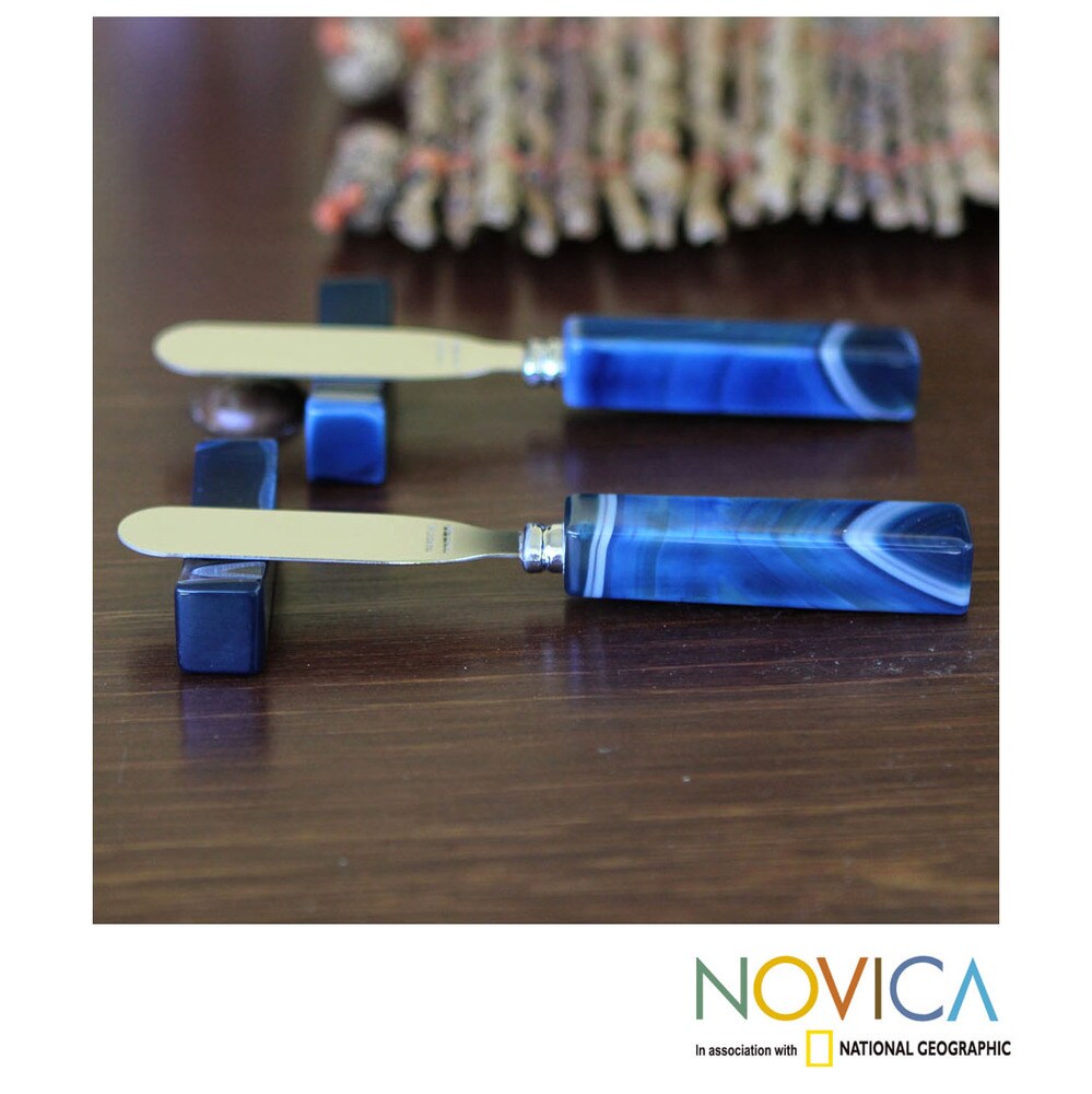 Handmade Set of 2 Stainless Steel 'Sapphire' Agate Spreader Knives (Brazil)