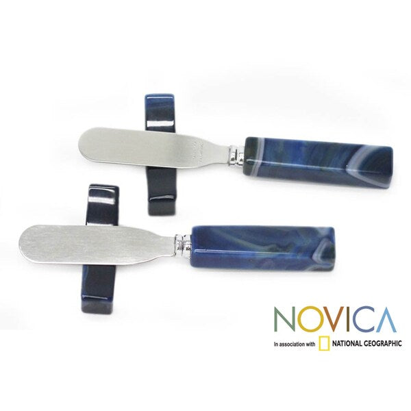 Handmade Set of 2 Stainless Steel 'Sapphire' Agate Spreader Knives (Brazil)