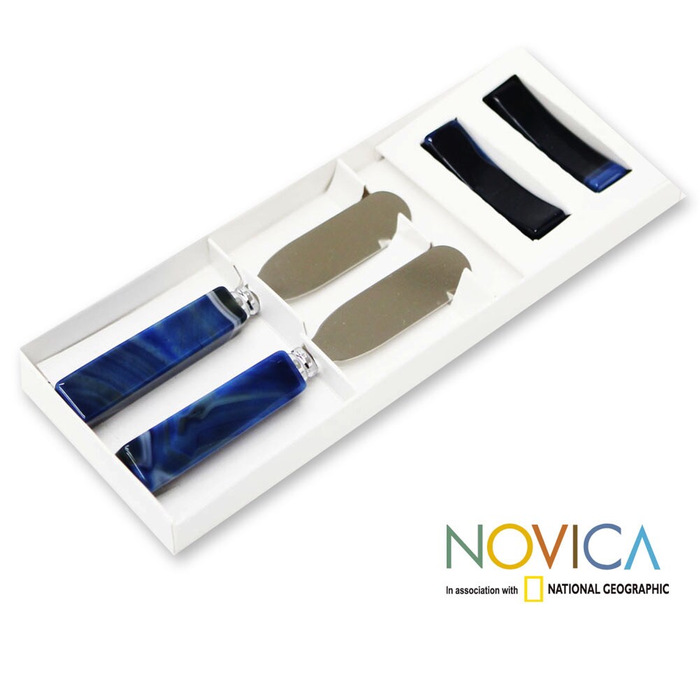 Handmade Set of 2 Stainless Steel 'Sapphire' Agate Spreader Knives (Brazil)