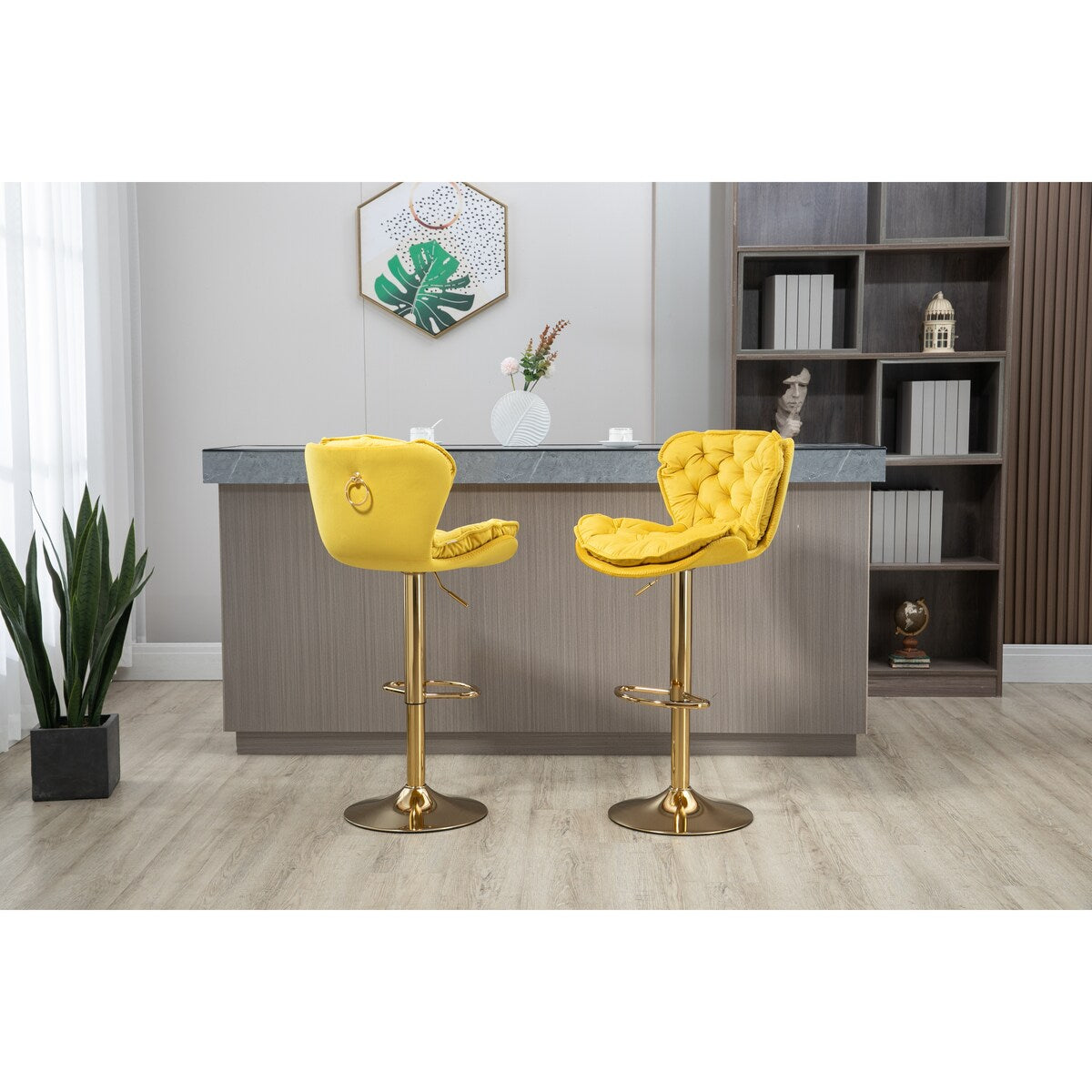 Set of 2 Swivel Adjustable Counter Height Bar Stools, Mustard
