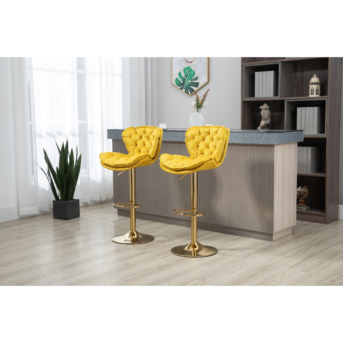 Set of 2 Swivel Adjustable Counter Height Bar Stools, Mustard