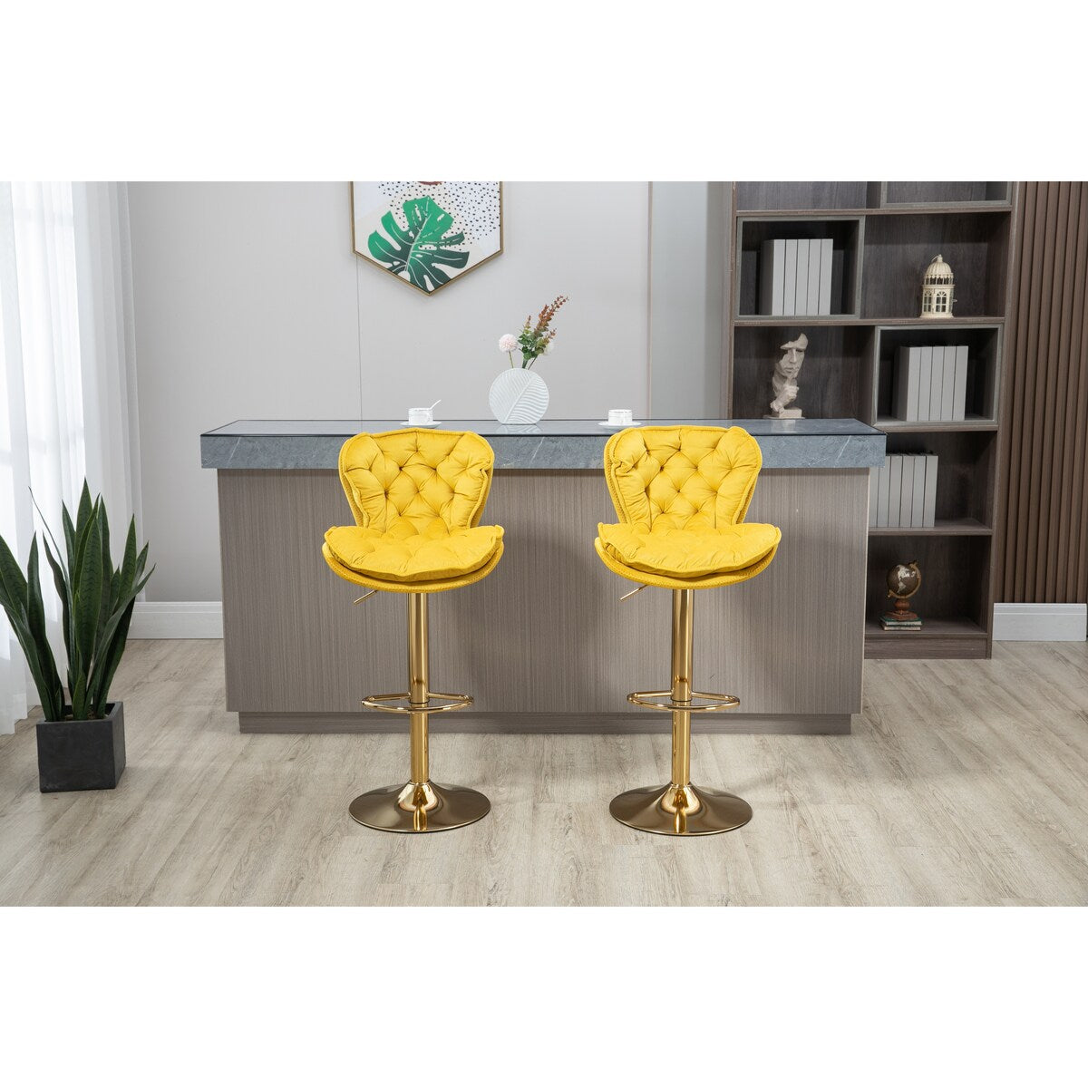 Set of 2 Swivel Adjustable Counter Height Bar Stools, Mustard