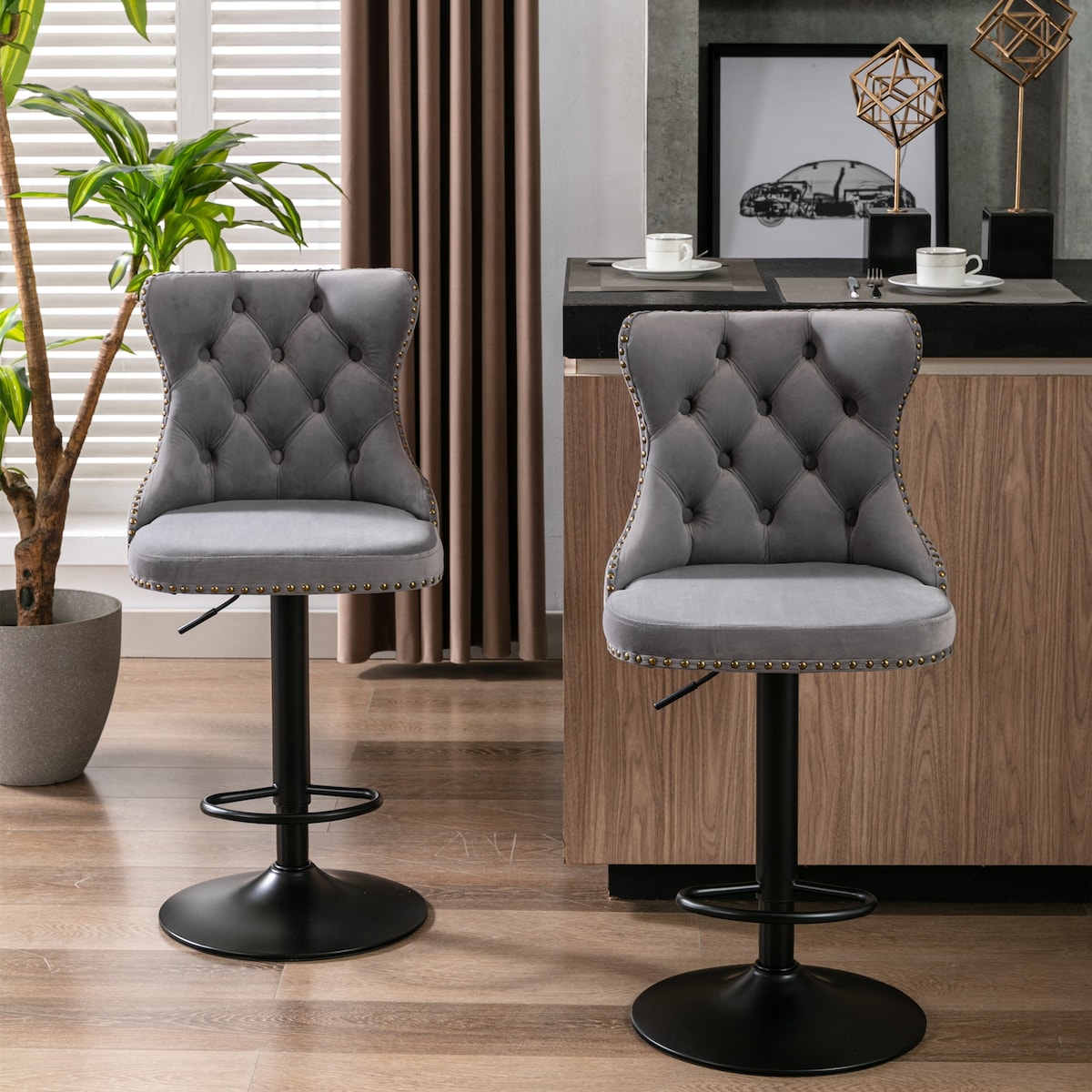 Set of 2 Swivel Velvet Bar Stools with Adjustable Height