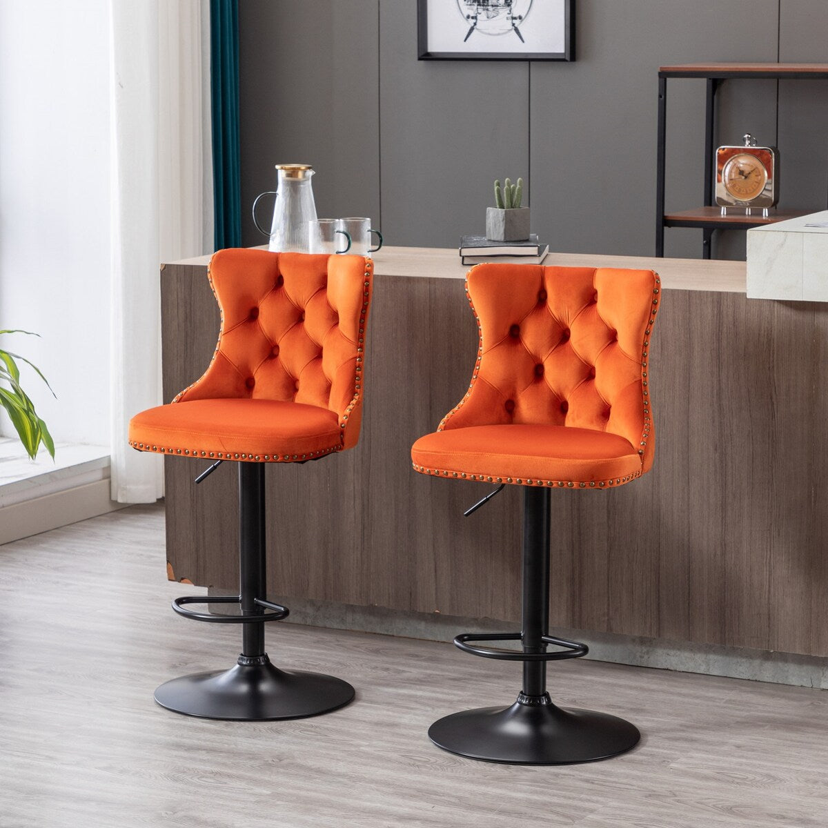 Set of 2 Swivel Velvet Bar Stools with Adjustable Height