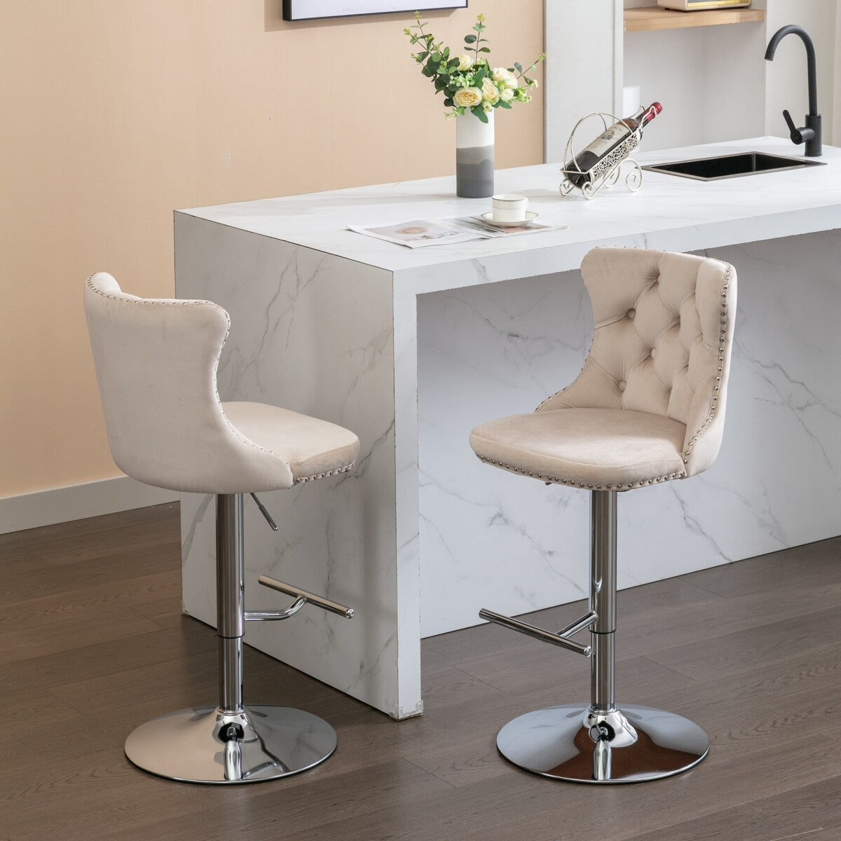 Set of 2 Swivel Velvet Bar Stools with Adjustable Height