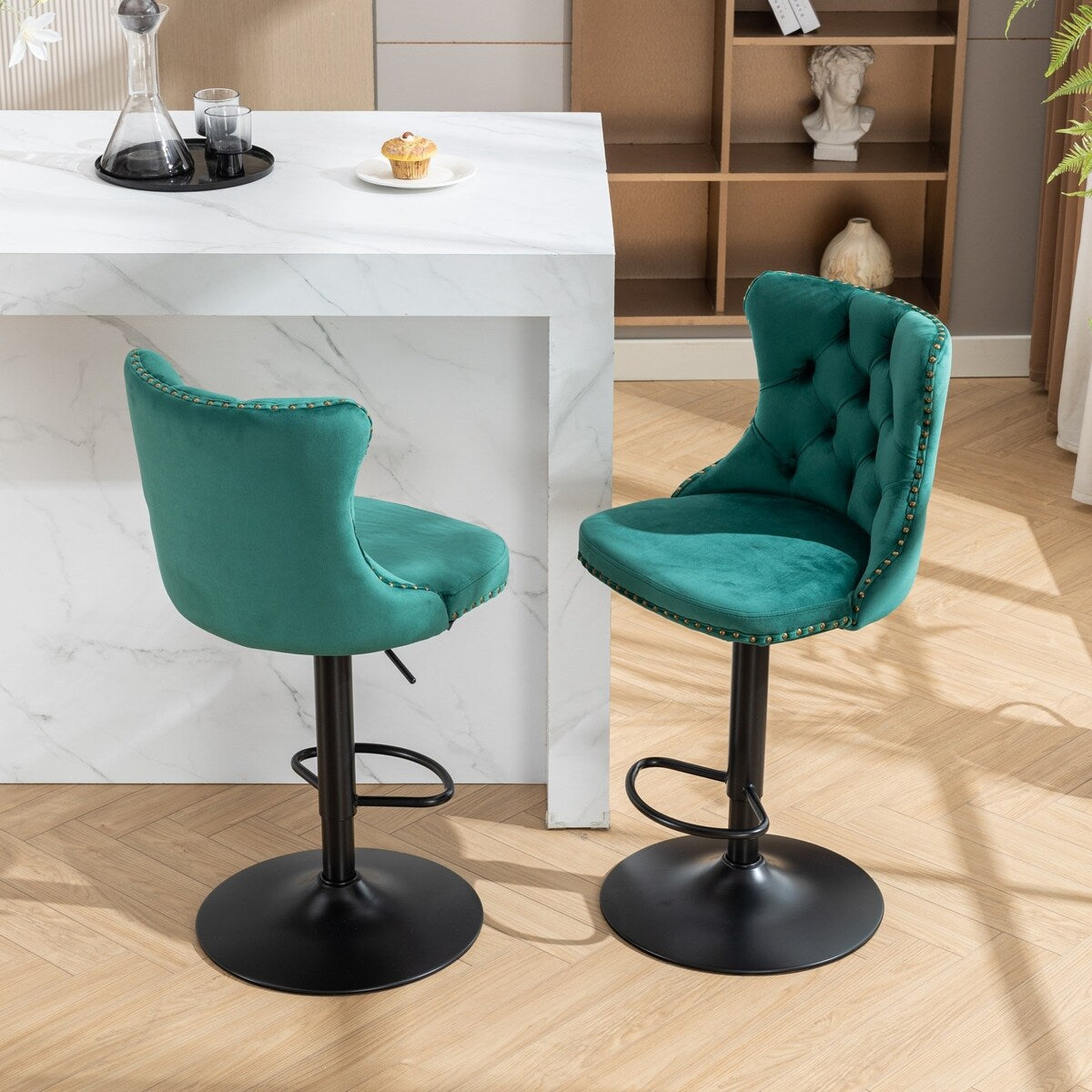 Set of 2 Swivel Velvet Bar Stools with Adjustable Height