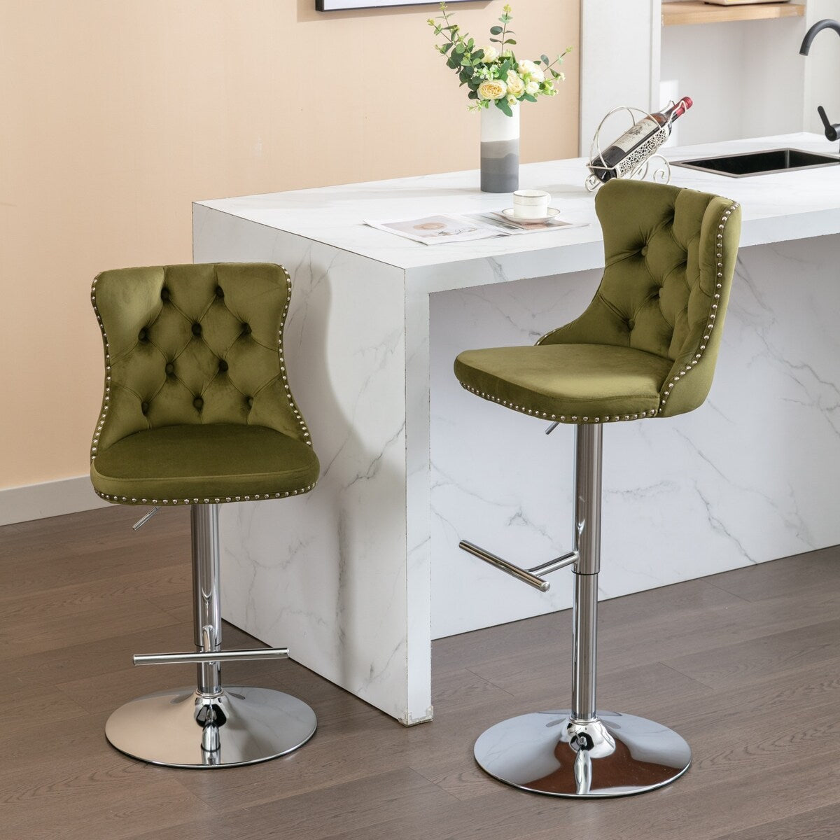 Set of 2 Swivel Velvet Bar Stools with Adjustable Height