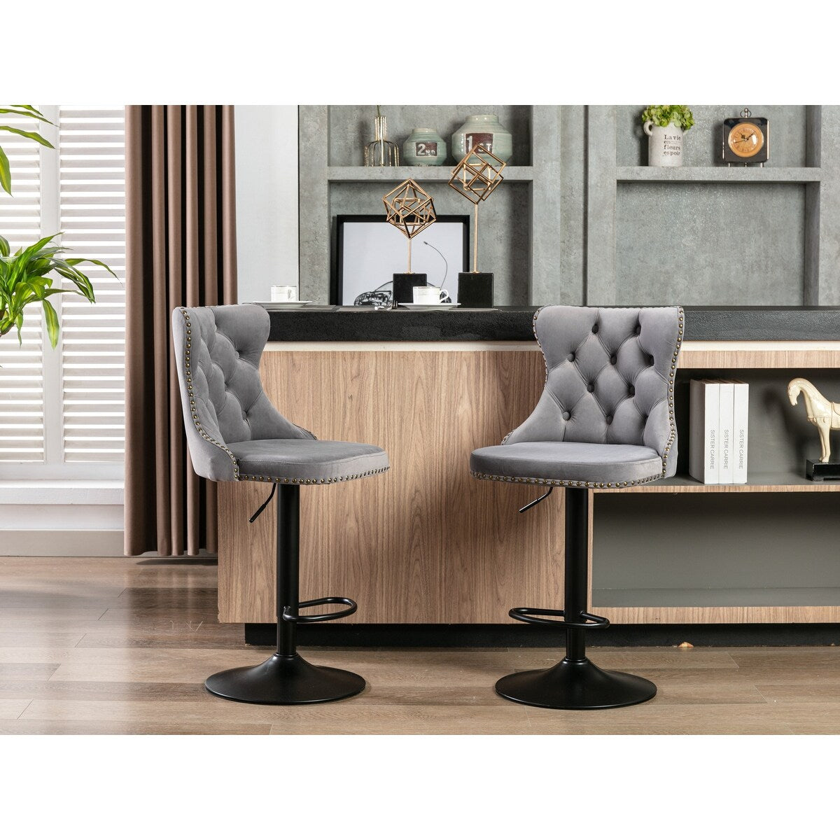 Set of 2 Swivel Velvet Bar Stools with Adjustable Height