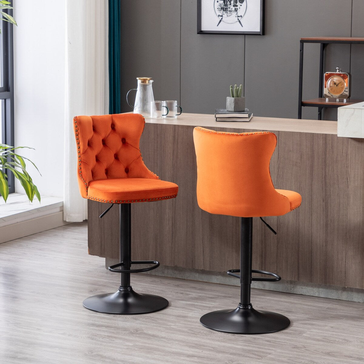 Set of 2 Swivel Velvet Bar Stools with Adjustable Height