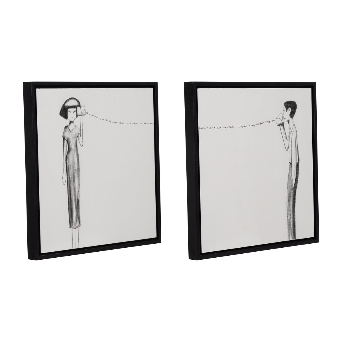 Set of 2 Tin Can Telephone Conversation Charcoal Wall Art, Black and White, 64 W x 3 D x 32 H