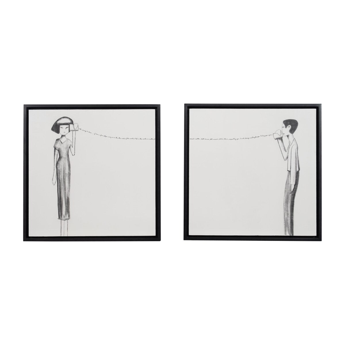 Set of 2 Tin Can Telephone Conversation Charcoal Wall Art, Black and White, 64 W x 3 D x 32 H