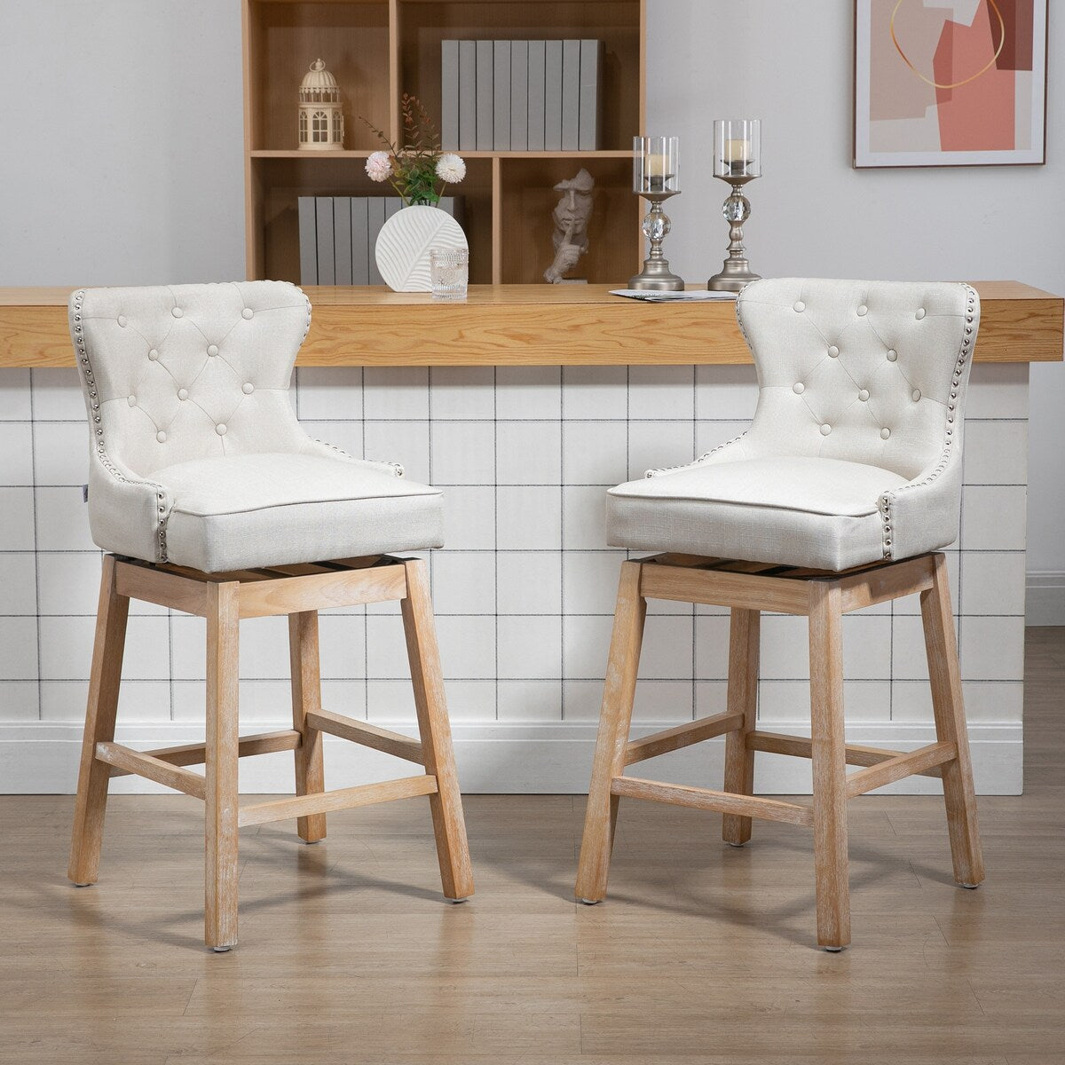Set of 2 Upholstered Fabric Swivel Bar Stools with Footrest